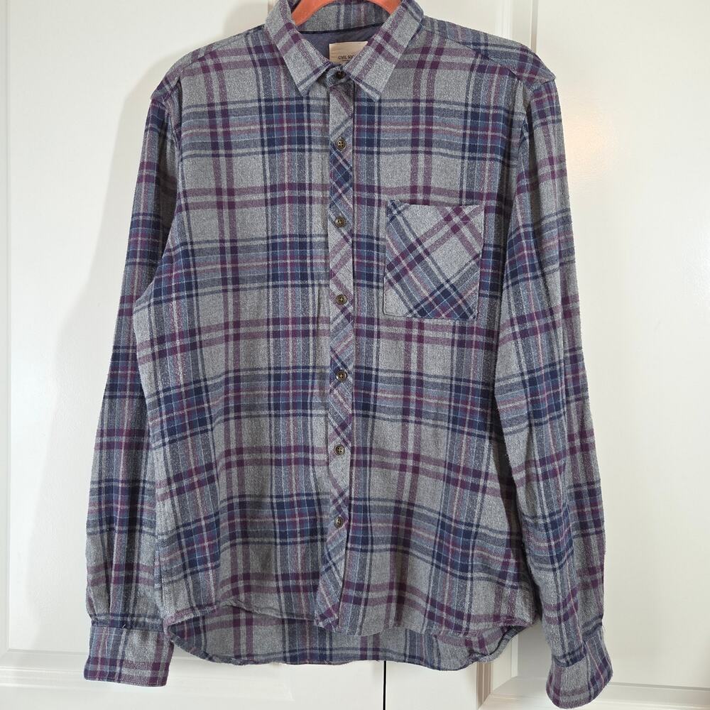 Civil Society Plaid Flannel Long Sleeve Button Down Gray Blue 90s Grunge Size M